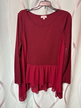 Umgee Burgundy Long Sleeve Ruffle-Hem Knit Top